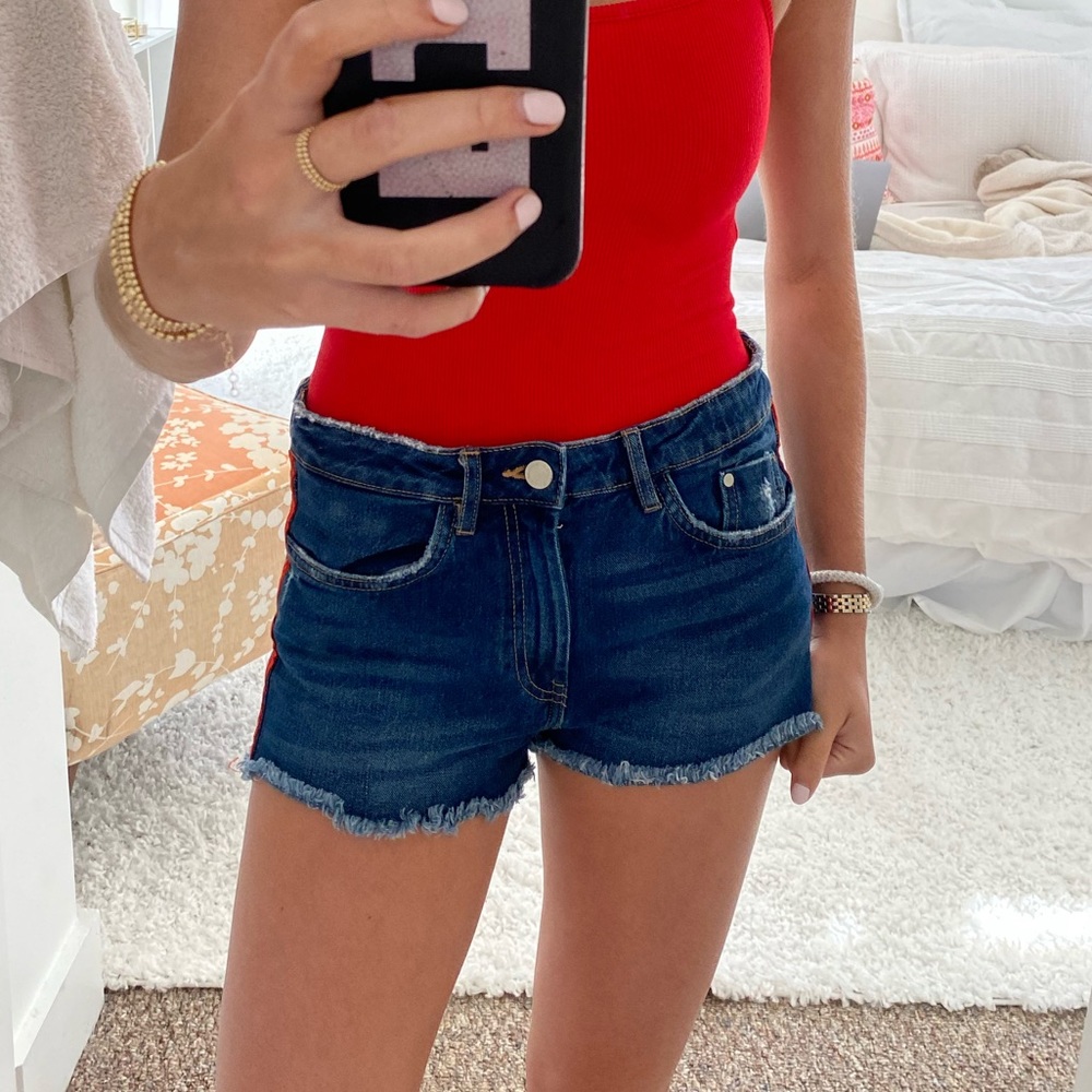 ZARA Dark Denim Shorts with Red Detail